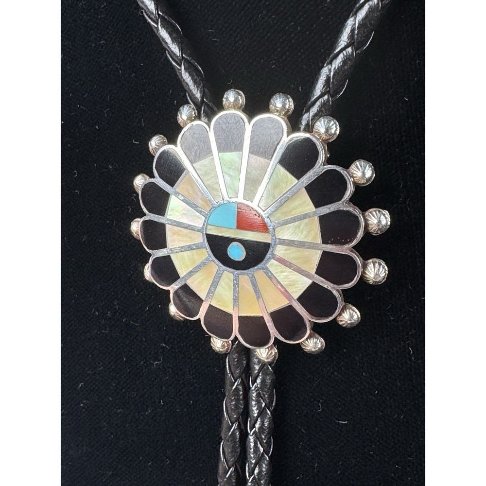 April Unkestine ACU Zuni Silver Sunface Inlay Bolo Tie Turquoise Coral Jet